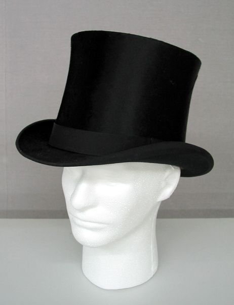 1875 Top Hat Culture: American Medium: silk, grosgrain, leather Top hat; Victorian Hats Men, Gilded Glamour Aesthetic, 1875 Fashion, 19th Century Mens Fashion, Victorian Mens Clothing, Goth Hat, Mannequin Diy, Tightrope Walker, Leather Top Hat