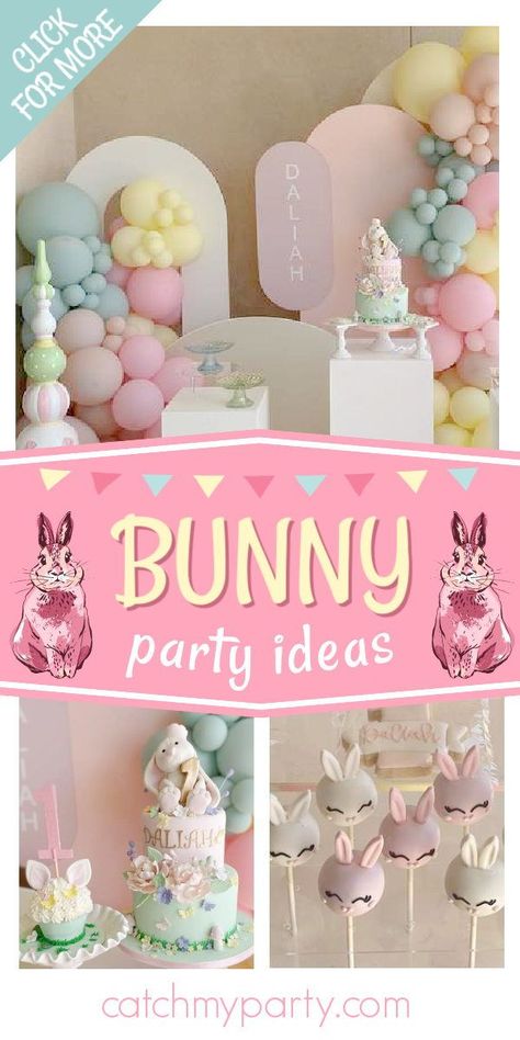 Take a look at this cute bunny-themed 1st birthday party! Love the cake! See more party ideas and share yours at CatchMyParty.com Some Bunny Is Turning Two Birthday, Some Bunny Is Turning One Cake Smash, Some Bunny Is Turning One Cake, Bunny 1st Birthday Party Girl, Bunny Cake Birthday, Bunny Theme Cake, Bunny Birthday Party Ideas, Bunny 1st Birthday Party, Bunny Themed Birthday Party