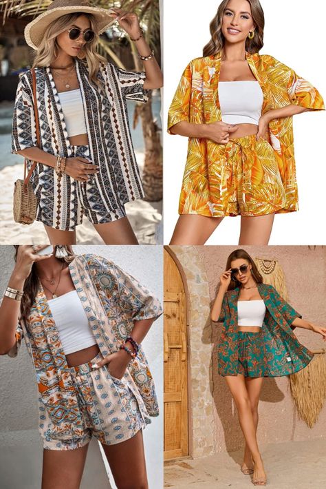 vacation outfit, summer outfit, women two piece outfit, beach vibes Dresses For Pool Party, Outfits For Pool Party For Women, Beach Outfits Women Vacation Resort Wear Summer Dresses, Pool Party Outfit Women, Outfit Pool Party, Swimming Pool Outfit, Short Sleeve Kimono Cardigan, Beach Attire For Women, Beach Outfits Women Vacation