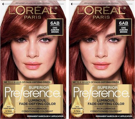 Amazon.com : L'Oreal Paris Superior Preference Fade-Defying + Shine Permanent Hair Color, 6AB Chic Auburn Brown, Pack of 2, Hair Dye : Beauty & Personal Care Loreal Hair Dye, Dark Ginger Hair, Dark Auburn Hair, Gel Hair, Box Dye, Auburn Brown, Dyed Red Hair, Hair Dyes, Hair Color Auburn