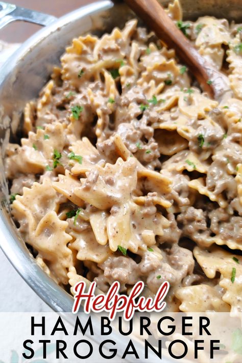 Helpful Hamburger Stroganoff - A family-size recipe for ground beef stroganoff like homemade Hamburger Helper that’s quick, easy and surprisingly delicious! Delicious Ground Beef Recipes, Recipe For Ground Beef, Hamburger Stroganoff, Hamburger Helper Recipes, Hamburger Dishes, Ground Beef Stroganoff, Homemade Hamburger, Easy Meat Recipes, Stroganoff Recipe