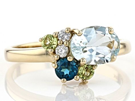 Blue Aquamarine 10k Yellow Gold Ring 1.14ctw - TCG049 | JTV.com Sapphire And Peridot Ring, Rings With Multiple Stones, Remodelled Jewellery, Mothers Ring 3 Stone, Kids Ring, Heirloom Ring, Life Ring, Family Rings, Mother Rings