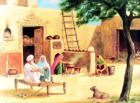 Memories Status, Pakistan Nature, Village Scene Drawing, Childhood Food, Nature Village, Emotional Status, Disney Pop Art, Village Painting, Composition Painting