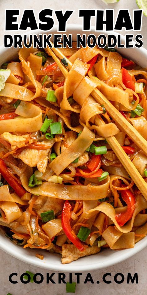 Presenting this delicious Thai dish which is quick, simple, and spicy - Thai Drunken Noodles or otherwise known as pad kee mao. This delightful one-pot recipe is prepared in just 30 minutes! One Pot Thai Noodles, Drunken Noodles Thai Easy, Drunken Noodles Thai, Easy Drunken Noodles Recipe, Spicy Noodle Recipes, Spicy Drunken Noodles, Thai Drunken Noodles Recipe, Pad Kee Mao Recipe, Thai Noodles Recipe