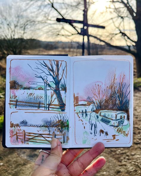 😀l’ve started a new small sketchbook based on an idea by @emmacarlisle_ ‘30 paces from home’ This little sketchbook now accompanies me on my daily morning walks. I’m able to spend 30 minutes filling double-page spreads with mixed media ( pretty random selection hence odd palette choices) This ritual has become my daily mindfulness practice, grounding me in the present moment as I capture whatever I see around me.These sketches aren’t meant to be fully finished or realized pieces. Swift sketc... Daily Art Practice, Filled Sketchbook, Small Sketchbook Ideas, Sketchbook Spreads, Daily Mindfulness, Small Sketchbook, Crayon Drawings, Morning Walks, Sketch Books