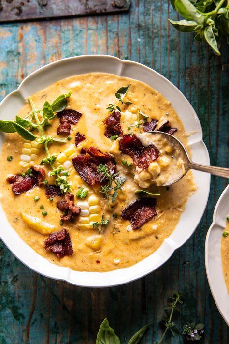 Creamy Corn, Zucchini, and Bacon Chowder. - Half Baked Harvest Half Baked Harvest Corn Chowder, Different Ways To Eat Bagels, Half Baked Harvest Corn, Cauliflower Corn Chowder, Autumn Food Recipes, Corn Zucchini, Bacon Chowder, Harvest Corn, Potato Corn Chowder