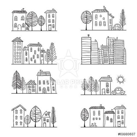 Town Drawing, House Doodle, Arte Doodle, Kids Doodles, House Sketch, House Illustration, House Drawing, House Art, Doodle Sketch