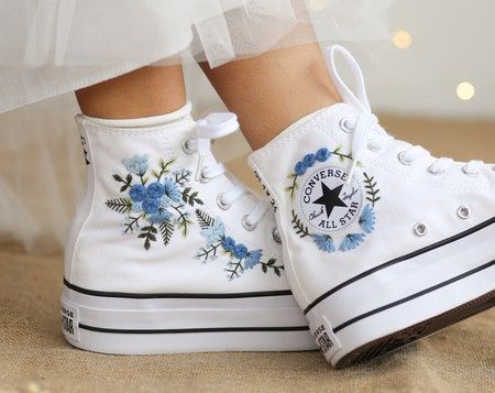 CustomConversDesigns - Etsy UK Platform Shoes Converse, Blue Bouquets, Cute Converse Shoes, Unique Gifts For Girlfriend, Converse Wedding Shoes, Bridal Sneakers, White High Top Converse, Embroidered Converse, Cute Converse