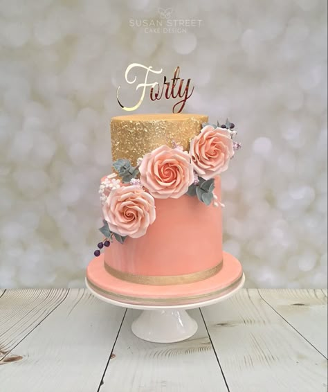 Two Tiers Birthday Cake, Gold Pink Birthday Cake, Peach And Gold Cake Birthday, Simple Pink And Gold Cake, 60th Birthday Cake 2 Tier, Two Tier Cakes Birthday, Peach And Gold Cake, 2 Tier 50th Birthday Cake For Women, Two Tier Birthday Cake For Women Elegant