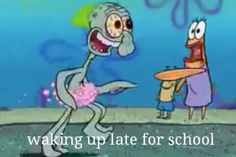 When you wake up late for school Spongebob Faces, Spongebob Pics, Funny Cartoon Memes, Genos Wallpaper, Squidward Tentacles, Spongebob Funny, Spongebob Wallpaper, Sponge Bob, Cartoon Profile Pictures