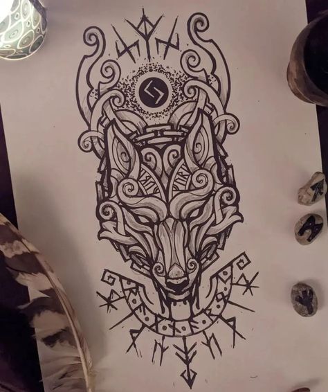 Celtic Wolf Tattoo, Celtic Sleeve Tattoos, Fenrir Tattoo, Scandinavian Tattoo, Viking Tattoo Symbol, Viking Tattoo Sleeve, Cool Tattoo Drawings, Rune Tattoo, Fantasy Tattoos