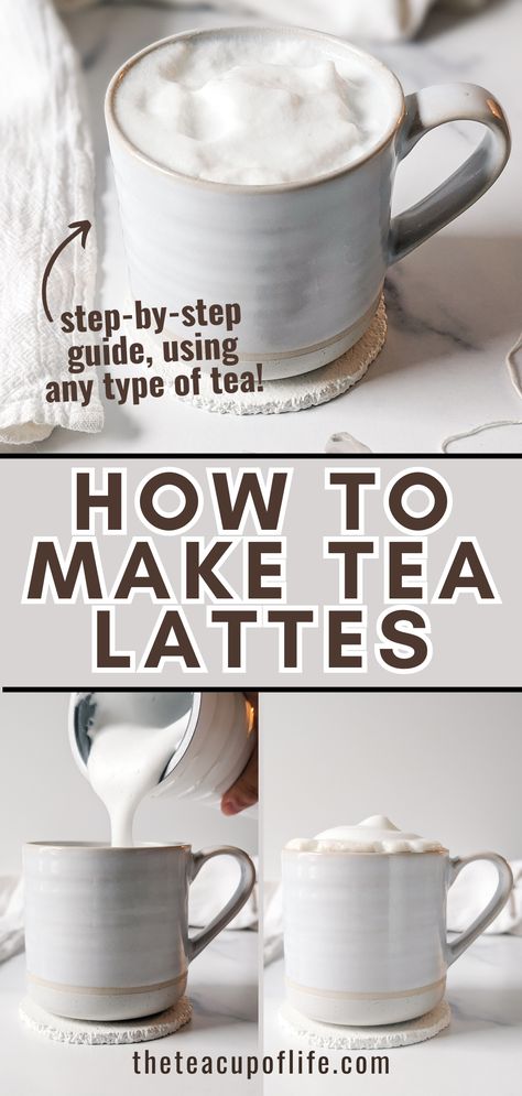 Tea lattes are a fun way to enjoy tea. They can be served hot for a comforting cup or iced for something more refreshing. Chai Lattes and London Fogs are a couple of popular tea lattes made with black teas. But, you can make a tea latte with any tea type. Starting with a tea concentrate and topping it with milk, it only takes a few minutes to put one together! Learn how to make a tea latte at home using any tea. Barista Tea Recipes, Best Hot Teas To Drink, Ways To Make Tea Taste Better, Which Tea To Drink When, How To Make Hot Tea, Tea Lattes Recipes, Tea Lattes At Home, Tea Latte Ideas, Hot Tea With Milk