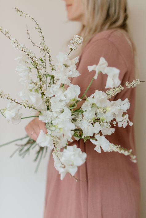 Spirea & white sweet pea bridal bouquet Sweet Pea Bouquet Wedding, Spirea Bouquet, Sweet Pea Bridal Bouquet, Sweet Pea Wedding Bouquet, Sweet Pea Wedding Flowers, White Sweet Pea, Flowers Installation, Sweet Pea Bouquet, Flower Aesthetics