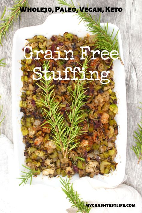 This super simple yet absolutely delish Grain-Free Stuffing recipe is sure to be a crowd-pleaser.  Filled with chopped vegetables and cooked sausage, this Grain-Free Stuffing will be the biggest hit at your Thanksgiving or Christmas dinner. #vegetables #keto #whole30 #paleo #delicious #easy #vegan #plantbased #lowcarb #glutenfree #stuffing #dressing #thanksgiving #christmas #turkey Grain Free Stuffing, Stuffing Recipes Healthy, Gluten Free Dressing, Easy Thanksgiving Dinner, Dressing Recipes Thanksgiving, Chopped Vegetables, Stuffing Recipes For Thanksgiving, Keto Healthy, Crockpot Turkey