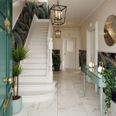 Stairs And Hallway Ideas, Marble Effect Tiles, Golden Marble, Aesthetic Interior Design, Tiled Hallway, White Wall Tiles, Victorian Tiles, Hallway Designs, Wood Effect Tiles