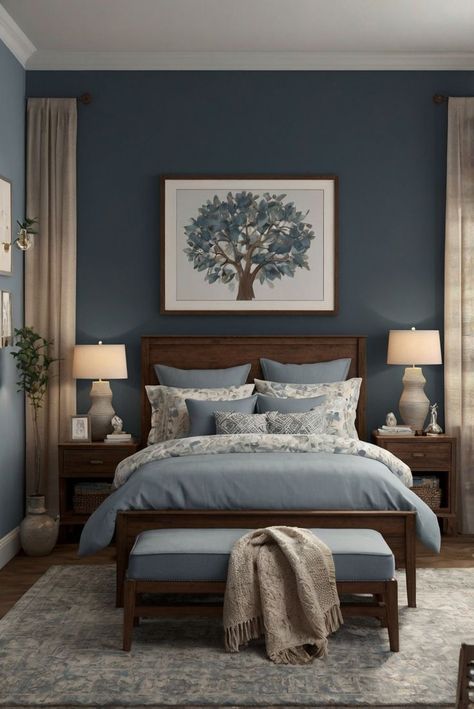 #bedroominterior #fyp #foryou #reels #viral #viralreels #interior #interiordesign Blue And Brown Bedroom Ideas, Blue And Brown Bedroom, Living Room Zones, Cherry Bedroom Furniture, Dark Brown Furniture, Bedroom Theme, Brown Rooms, Blue Comforter, Bedroom Decorations