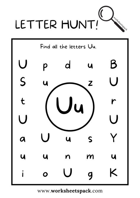 Find the Letter U Worksheet, Alphabet U Hunt Activity Free Printable for Kids - Printable and Online Worksheets Pack Letter Find Preschool Free Printable, Letter U Craft Preschool, Letter U For Preschoolers, Letter U Activities For Kindergarten, Letter U Activities For Preschool Crafts, U Worksheets Preschool, U Is For, Letter U Worksheets Preschool, Letter U Activities For Preschool