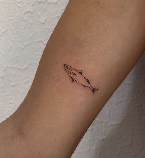 Minnow Fish Tattoo, Tiny Trout Tattoo, Blue Tatoos Minimal, Dainty Fish Tattoo, Funny Fish Tattoo, Salmon Tattoo Simple, Fish Tattoo Aesthetic, Sea Tatoos Ideas, Minnow Tattoo