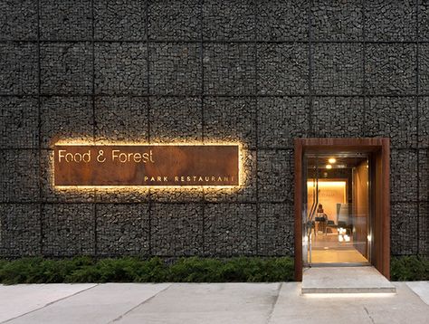 restaurant Forest Restaurant, Restaurant Facade, Restaurant Signage, Entrance Signage, Gabion Wall, Park Restaurant, Exterior Signage, Entrance Design, Food Forest