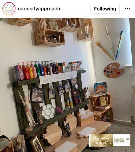 Reggio Art Center Preschool, Reggio Inspired Art Area, Pallet Classroom Ideas, Eyfs Pallet Ideas, Malleable Area Eyfs, Art Area Eyfs, Creative Area Eyfs, Nursery Display Boards, Preschool Displays