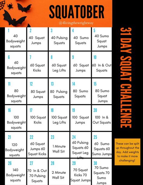 Squat Challenge October October Workout Challenge, Month Workout Challenge, Mini Workouts, 100 Squats, Month Workout, Squat Challenge, Monthly Challenge, Squat Workout, Leg Lifts