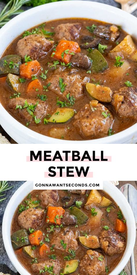 Meatball Stew Crockpot, Healthy Beef Meatballs, Meatball Stew Recipe, Meatball Stew, Juicy Meatballs, Complete Meals, Crockpot Soups, Meatball Soup Recipes, Classic Beef Stew