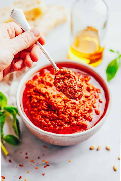 Pesto Rosso (Red Pesto) | The Awesome Green Red Pesto Sauce Recipes, Pesto Rosso Recipe, Red Pesto Recipe, Pesto Sauce Recipe, Pesto Recipes, Red Pesto, Green Pesto, Basil Sauce, Easy Vegetarian Recipes