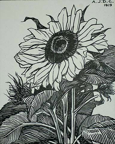 Sunflower -  ANNA JULIE DE GRAAG - woodcut Sunflower Canvas, Zach Bryan, Sunflower Art, Sunflower Painting, Illustration Vintage, Alphonse Mucha, Sunflower Print, Lino Print, Linocut Prints