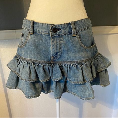 Upcycling, Frilly Denim Skirt, Coquette Jean Skirt, Cute Jean Skirts, Ruffle Jean Skirt, 80s Mini Skirt, Remade Clothes, Ruffled Denim Skirt, Ruffle Denim Skirt