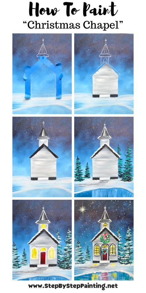 How To Paint A "Christmas Chapel" - Acrylic Painting Tutorial Christmas Paintings On Canvas Tutorials, Snowy Church Painting, Cute Christmas Paintings On Canvas Easy Step By Step, Diy Santa Paintings On Canvas, Christmas Art Tutorials, Winter Sip And Paint Ideas, Acrylic Christmas Paintings Tutorials, Christmas Diy Paintings, Sip And Paint Ideas Christmas