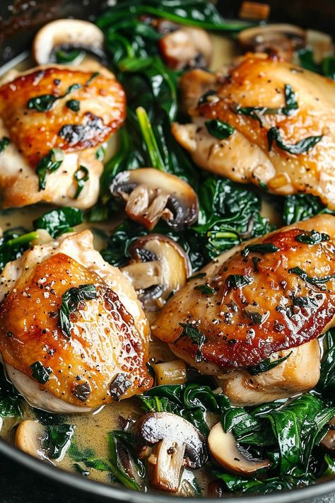 Savory Chicken Spinach Mushroom Skillet Spinach Mushroom Chicken Healthy, Chicken Sage Meatballs, Grilled Chicken And Mushroom Recipes, Healthy Meals With Mushrooms, Chicken Mushrooms Spinach Recipes, Kale And Chicken Recipes, Chicken And Spinach Recipes Healthy, Spinach And Chicken Recipes, Spinach And Mushroom Recipes