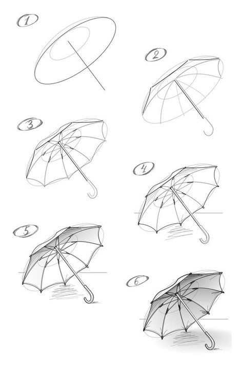 Umbrella Sketch Design, Drawing An Umbrella, Parasol Drawing Reference, How To Draw A Umbrella, Umbrella Design Drawing, Drawing Ideas Beginner Step By Step, Sketching Ideas Step By Step, How To Draw Umbrella Step By Step, Step By Step Drawing Tutorial