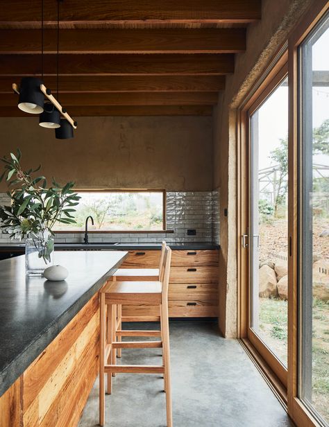 Hempcrete House, Angled Roof, Dwell Kitchen, Staircase Outdoor, Passive Design, Concrete Counter, Timber Furniture, Studio Kitchen, Ikea Cabinets