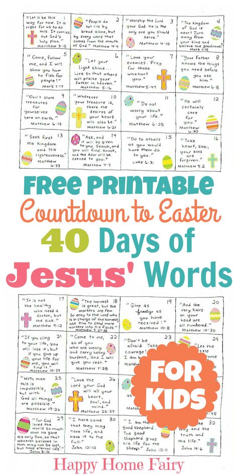 Countdown to Easter! 40 little FREE Printable cards featuring Bible verses of Jesus' words! What an amazing way to celebrate the Lenten season! Preschoolers Crafts, Lenten Activities, Christ Centered Easter, Easter Lessons, Easter Sunday School, Happy Home Fairy, Lenten Season, Resurrection Day, Resurrection Sunday