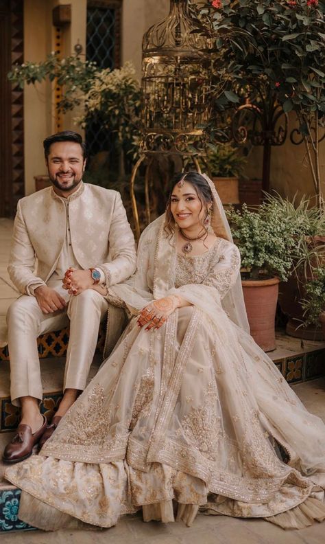 Couples Wedding Reception Outfit, Pakistani Wedding Bride And Groom, Nikkah Outfit Bride And Groom, Nikkah Dress For Groom, Pakistani Wedding Shoot Couple, Pakistani Wedding Photography Poses, Pakistani Engagement Photos, Nikkah Groom Outfit, Nikkah Outfit For Men