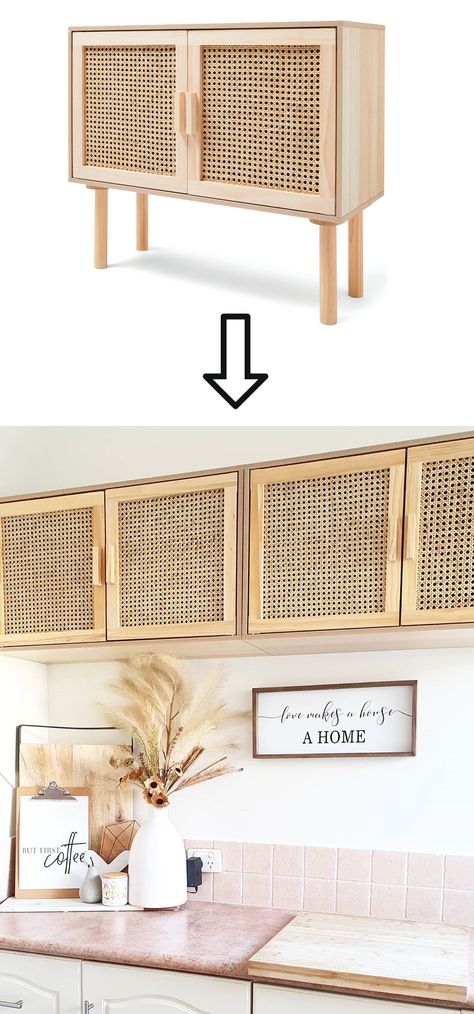 Click for details on how to convert Kmart's $59 Rattan Sideboard into overhead kitchen cabinets! Rattan Furniture Kitchen, Built In Rattan Cabinets, Rattan Floating Cabinet, Rattan Kitchen Cabinets Diy, Rattan Laundry Room, Diy Boho Kitchen Cabinets, Kmart Rattan Sideboard Hack, Caned Kitchen Cabinets, Rattan Kitchen Cabinet Doors