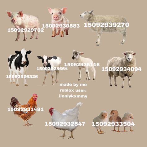 Bloxburg Stable Ideas, Bloxburg Barn Layout, Western Decal Codes Bloxburg, Animal Decal Codes Bloxburg, Cow Decals Bloxburg, Bloxburg Chicken Coop, Bloxburg Farm Decal Codes, Bloxburg Farm Animals, Bloxburg Decals Codes Animals