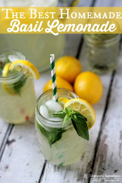 The BEST Homemade Basil Lemonade - perfect for summer basil! Lemonade Beyonce, Basil Simple Syrup, Cocktail Corner, Strawberry Basil Lemonade, Juice Blends, Flavored Lemonade, Basil Lemonade, Homemade Lemonade Recipes, Lemonade Cocktail