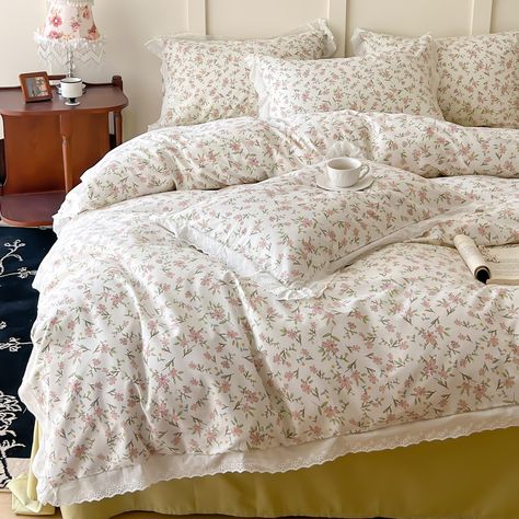 PRICES MAY VARY. 【Material】-- 100% Cotton. Make Duvet Cover and Pillowcases Ultra-soft, Breathable, Comfortable, Lightweight, Durable and Easy Care, Offer You Good a Sleeping. 【Romantic Ruffle Design】-- Shabby chic floral prints with beautiful handmade ruffles,made this bedding set more elegant and unique.Dreamy botanical flower bedding for teen girls female that love flowers. 【Size & Package】-- 3 Pieces duvet covet set Full/Queen: 1 Duvet Cover (90"x90") and 2 Pillow Shams (20"x26"). Comforter Bedroom Whimsigothic, Whimsigothic Bedroom, Fair Core, Bedrooms Neutral, Bedroom Funky, Bedroom Tiktok, Pallet Bedroom, White Lace Bedding, Punk Bedroom