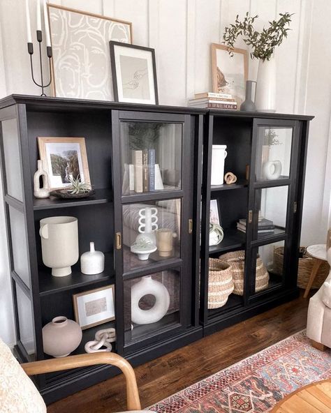 Santales Curio Cabinet Black/White, Neutral Home Decor and Shelf Styling #homedecor #neutral #shelf #style Shelves Divider, Ikea Glass Cabinet, Glass Cabinet Decor, Curio Cabinet Decor, Black Glass Cabinet, Living Room Display Cabinet, Black Display Cabinet, Display Cabinet Decor, Kathleen Post