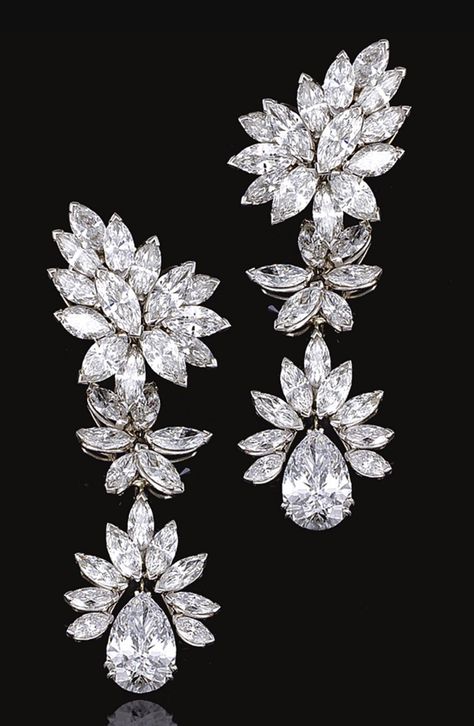 FINE PAIR OF DIAMOND PENDENT EARRINGS. Each composed of four detachable parts, set with clusters of marquise-shaped diamonds, terminating on a pear-shaped diamond drop weighing 3.86 and 4.49 carats respectively, mounted in platinum. Harry Winston, Earing Jewellery, Diamond Pendent, Diamond Drops, Fabulous Jewelry, Gems Jewelry, Schmuck Design, Mode Style, Pendant Earrings