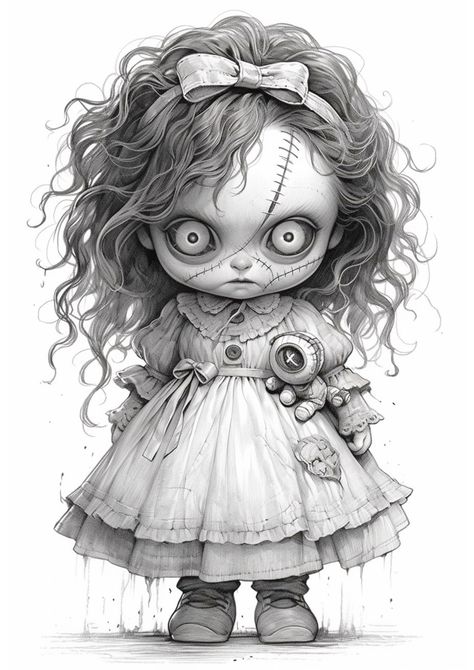 Horror Doll Drawing, Rockabilly Coloring Pages, Creepy Doll Art Drawing, Voodoo Doll Tattoo Drawing, Grayscale Coloring Pages For Adults Free Printable, Scary Coloring Pages For Grown Ups, Creepy Coloring Pages For Grown Ups, Creepy Doll Drawing, Cute Scary Art