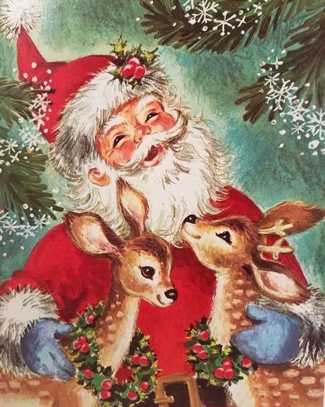 Jill 👛💄🕶 on Instagram: “Christmas in July sweet dreams... 🎄🎅🏻🎄🎅🏻🎄🎅🏻🎄🎅🏻🎄 #christmasinjuly #santaclaus #hisreindeer #vintagechristmas #sugarplumdreams #goodnight…” Images Noêl Vintages, Vintage Christmas Images, Funny Christmas Cards, Old Fashioned Christmas, Holiday Postcards, Baby Deer, Christmas Scenes, Vintage Christmas Cards, Christmas Paintings