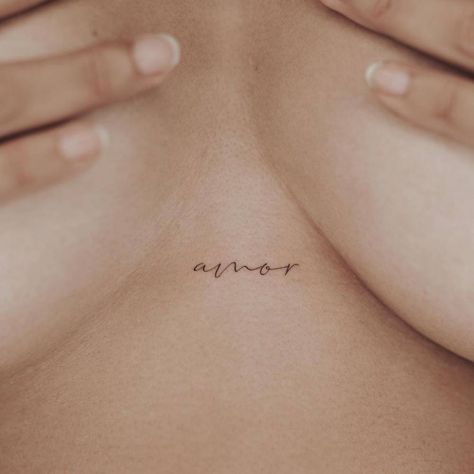 Amor Fine Line Tattoo, 4 Letter Word Tattoo, Portuguese Tattoo Ideas Symbols, Sternum Word Tattoo Women, Amor Neck Tattoo, Sternum Word Tattoo, Portuguese Quotes Tattoo, Old Money Tattoo Ideas, Amor Font Tattoo