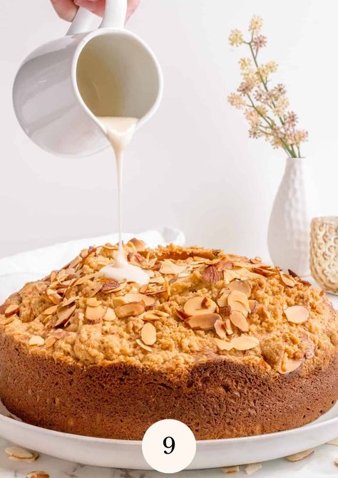 Our light and fluffy almond coffee cake is made with pure almond extract, sour cream and covered with sliced almonds and a homemade cinnamon streusel. This is truly one of the best coffee cakes that you will ever make. This sweet almond coffee cake is perfect for a lazy weekend morning, a special occasion and the perfect recipe for your next brunch or afternoon tea. | almond streusel coffee cake recipe | almond coffee cake recipes Almond Coffee Cake With Almond Paste, Almond Coffee Cake Recipes, Whole Wheat Cookies, Almond Coffee Cake, Almond Coffee, Cinnamon Roll Recipe Homemade, Homemade Pancake Recipe, Streusel Coffee Cake, Cinnamon Streusel