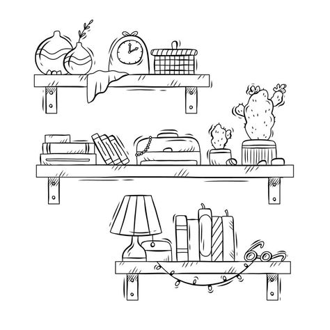 Free Vector | Flat design shelf outline illustration Shelf Doodle, Shelf Illustration, Bookshelf Drawing, Shelf Drawing, Jean Custom, Drawings To Try, Toy Shelves, Painting Practice, Outline Illustration