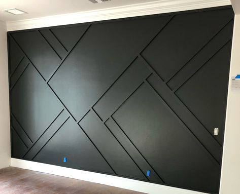 Horizontal Accent Wall Bedroom, Mens Office Accent Wall, Black Accent Wall Bedroom Led Lights, Slanted Accent Wall Sloped Ceiling, Geometric Accent Wall Living Room, Black Geometric Accent Wall, Black Wall With Wood Accents, Accent Wall With Wood Design, Trim Wall Design