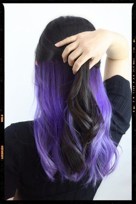 Purple Hair Bottom Layer, Short Black Hair With Purple Underneath, Black On Top Purple Underneath Hair, Lilac Purple Hair Underneath, Half Black Half Purple Hair Underneath, Black Hair With Purple Halo, Purple Hair Underneath Black, Halo Hair Dye Style Purple, Underdye Hair Blue