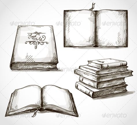 Set of Old Books Drawings  #GraphicRiver Open Book Drawing, Drawings Of, Old Bookshelves, Books Open, Pile Of Books, Book Tattoo, Photos Vintage, Book Drawing, Lukisan Cat Air