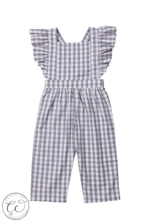 Comes in a neutral and always stylish gray for a subtle look that flatters. Simple and versatile, the sleeveless feature is a must have for any wardrobe. Plaid adds a pop of color and style to any outfit. Available in soft and stylish cotton for that easy-care look Plaid Jumpsuit, Mode Kimono, Stylish Jumpsuit, Kids Frocks Design, Baby Dress Design, Girl Dress Patterns, Baby Jumpsuit, Toddler Girl Style